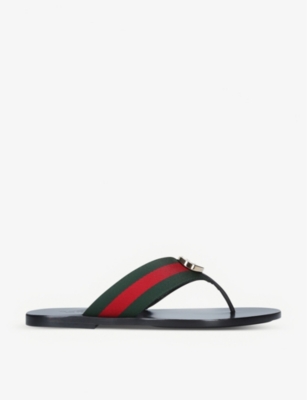 Shop Gucci Men's Green Comb Kika Web-stripe Woven Flip-flops