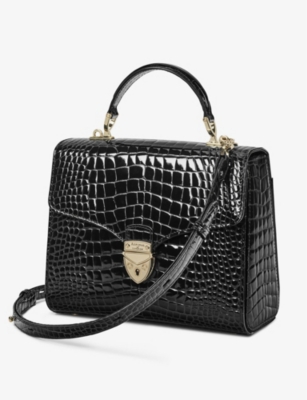 Aspinal Of London Womens Black Mayfair Large Crocodile-embossed Patent-leather Top-handle Bag In Black