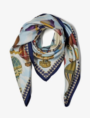 Aspinal Of London Womens Navy Hot Air Balloon Printed Silk-twill Scarf