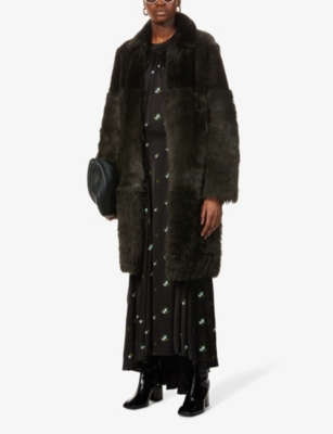 Shop Whistles Cosma Reversible Contrast-panel Shearling Coat In Khaki/olive