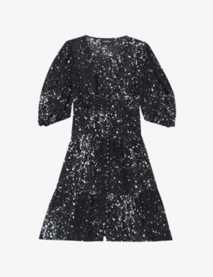 The Kooples Graphic-print V-neck Crepe Mini Dress In Bla06 (black)