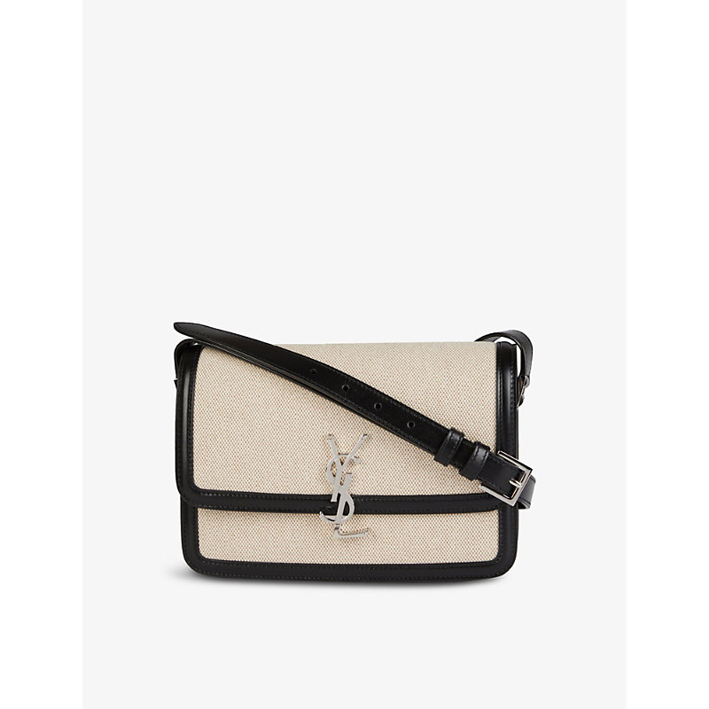 Saint Laurent Solferino Medium Cotton And Leather Shoulder Bag In Natural/ Beige/ Black
