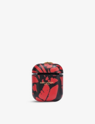 Saint Laurent Black/red Monogram Abstract-print Leather Airpods Case