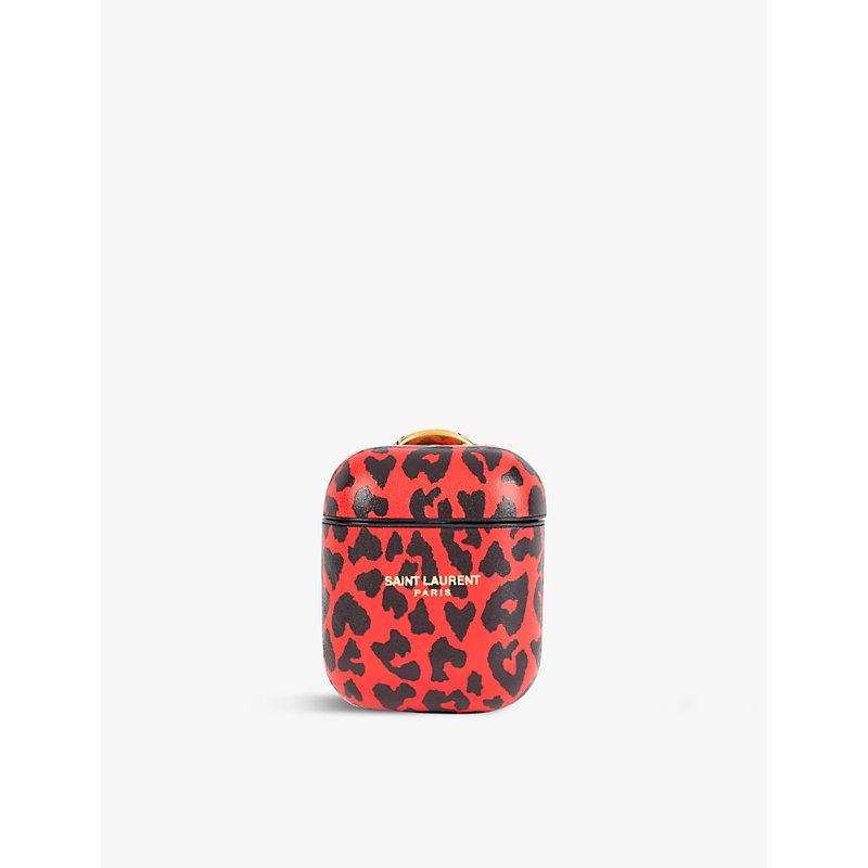 Saint Laurent Monogram Leopard-print Leather Airpods Case In Red Leopard