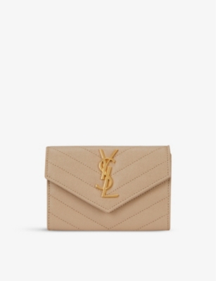 Saint Laurent Womens Dark Beige Monogram Small Leather Envelope Wallet