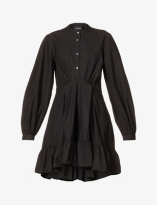 The Kooples Womens Bla01 Puffed-sleeve Cotton-poplin Mini Shirt Dress L In Black