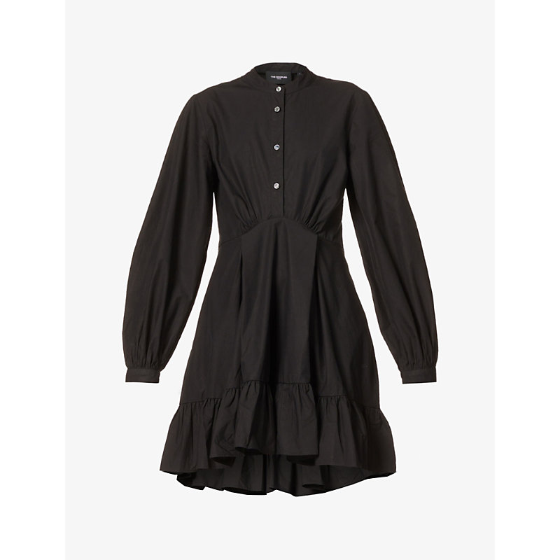The Kooples Womens Bla01 Puffed-sleeve Cotton-poplin Mini Shirt Dress L In Black