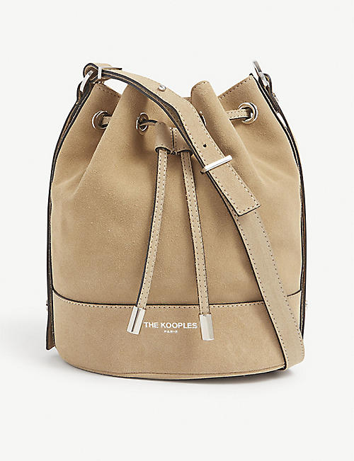 THE KOOPLES: Tina medium brand-embossed suede bucket bag