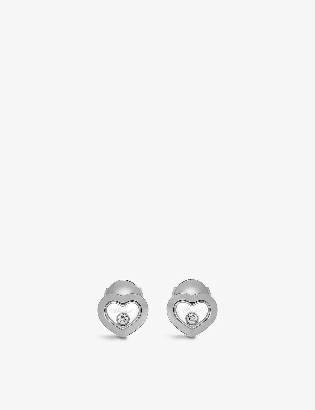 Shop Chopard Womens White Gold Happy Diamonds 18ct White-gold And 0.10ct Diamond Earrings