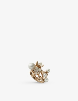 SHAUN LEANE: Cherry Blossom yellow gold-plated vermeil, pearl and diamond ring