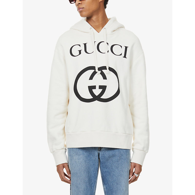 Gucci Mens Natural Black Logo-print Cotton-jersey Hoody Xl