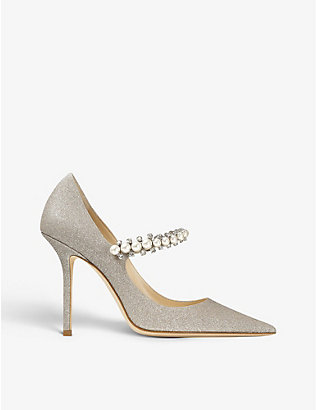 JIMMY CHOO: Baily 100 glittered, crystal and faux-pearl-embellished courts