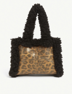 STAND STUDIO LIZ FAUX-SHEARLING AND LEOPARD-PRINT SHOULDER BAG