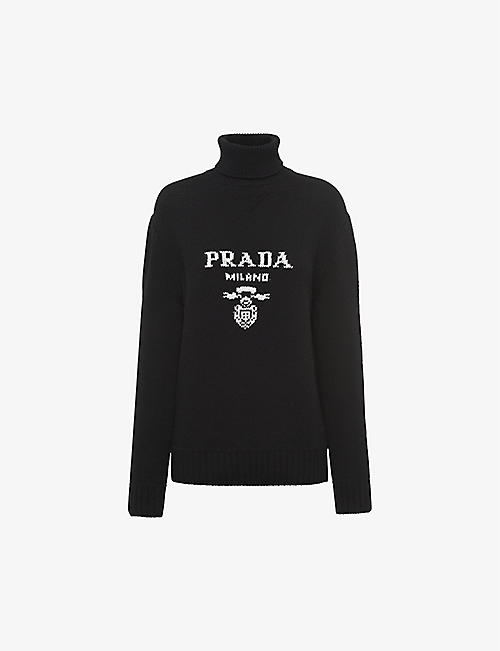 PRADA: Logo-intarsia turtleneck wool and cashmere-blend jumper