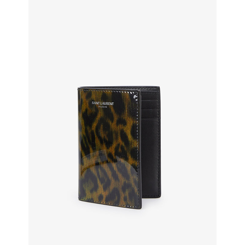 Saint Laurent Brand-print Leopard-print Leather Wallet In Noir/brown/noir