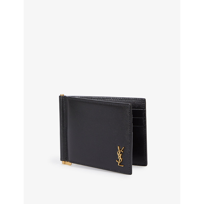 Saint Laurent Portadoll Brand-plaque Grained-leather Clip Wallet In Black Gold