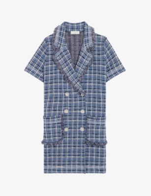Sandro Ludivine Double-breasted Checked Cotton-blend Bouclé-tweed Mini Dress In Blue