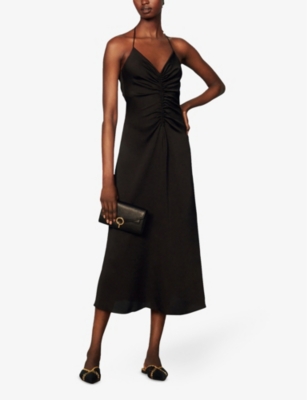 Shop Sandro Womens Noir / Gris Praline Ruched Woven Slip Midi Dress In Black