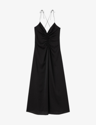 Shop Sandro Women's Noir / Gris Praline Ruched Woven Slip Midi Dress In Black