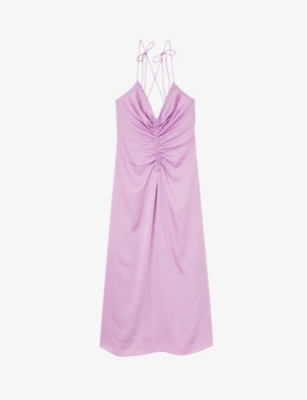 Sandro Praline Ruched Woven Slip Midi Dress In Violets