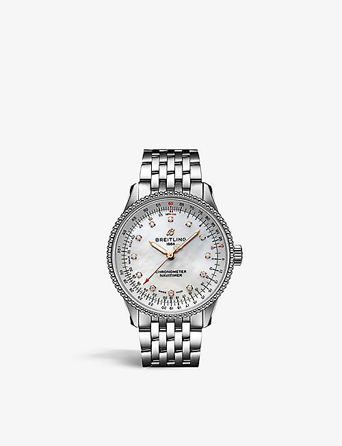 BREITLING: A17395211A1A1 Navitimer Automatic 35 stainless-steel, mother-of-pearl and diamond self-winding watch