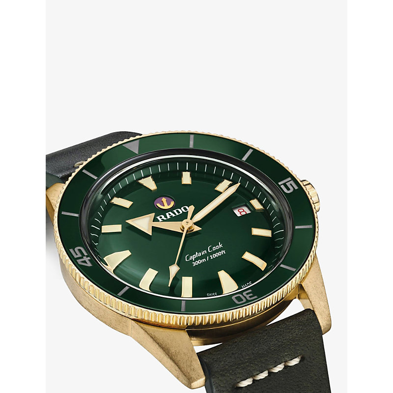 Shop Rado Men's Green R32504315 Captain Cook Automatic Bronze And Leather Watch