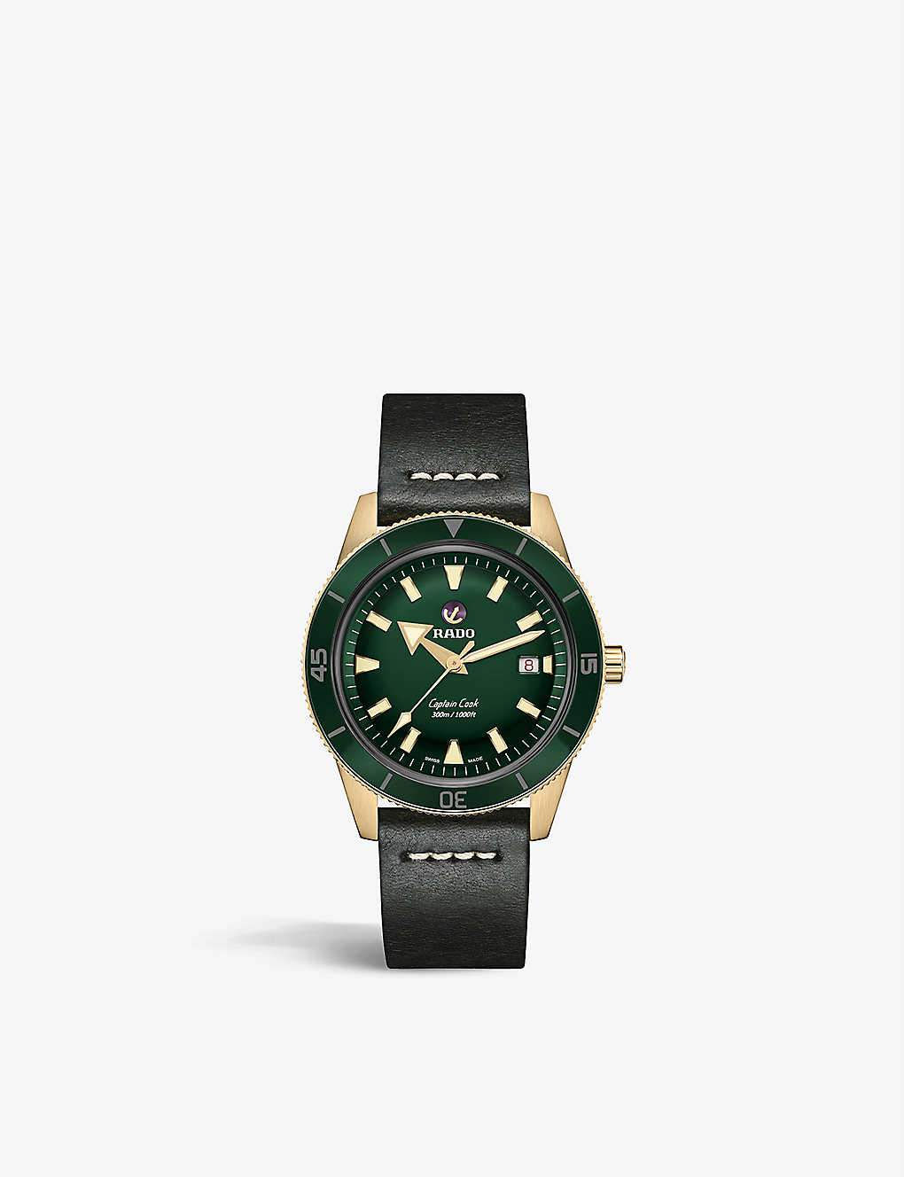 Shop Rado Men's Green R32504315 Captain Cook Automatic Bronze And Leather Watch