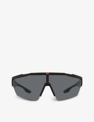 Shop Prada Linea Rossa Women's Black Ps 03xs Shield-frame Nylon Sunglasses