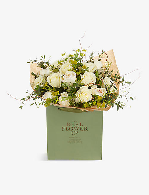 THE REAL FLOWER COMPANY: Pure Valentine’s medium scented fresh roses and foliage bouquet