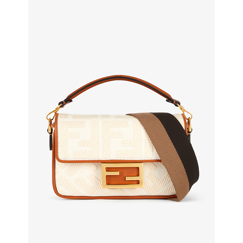 Fendi Ff-embroidered Cotton-blend Shoulder Bag In Ivory