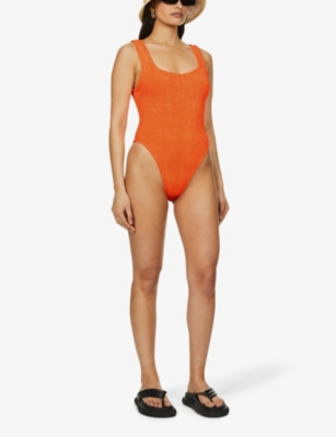 Shop Hunza G Womens Orange Square-neck Seersucker-weave Swimsuit