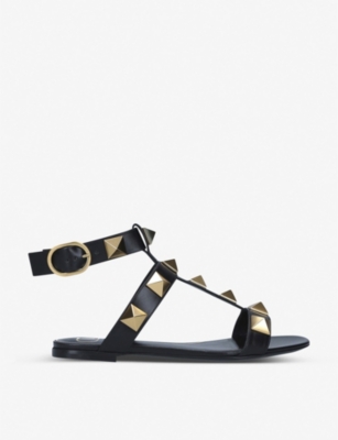 Valentino Roman Stud Leather Flat Sandals In Black