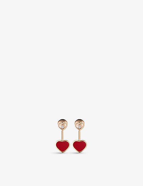 CHOPARD: Happy Hearts 18ct rose-gold, 0.08ct diamond and red-stone earrings