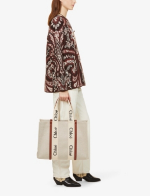 Shop Chloé Woody Large Canvas And Leather Tote Bag In White/brown