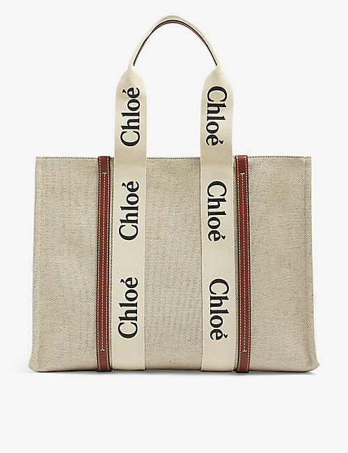CHLOE: Woody large canvas and leather tote bag