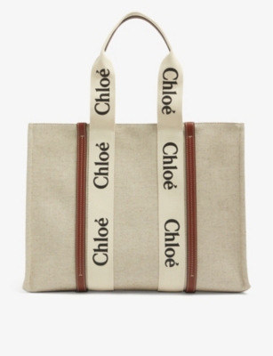 Shop Chloé Woody Large Canvas And Leather Tote Bag In White/brown