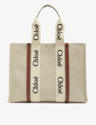 CHLOE Woody large canvas and leather tote bag Selfridges