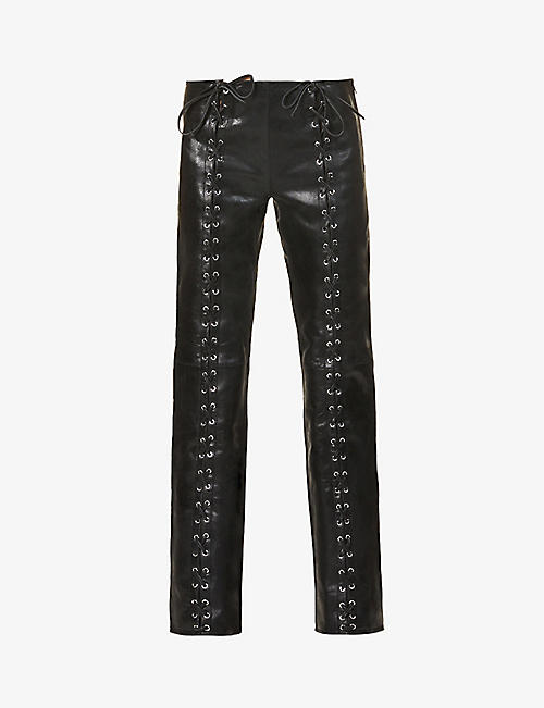 SAKS POTTS: Christina lace-up straight low-rise leather trousers