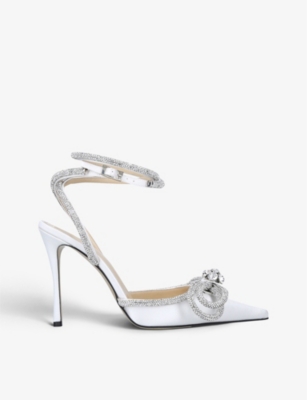 Mach&mach Double Bow Crystal-embellished Satin Heeled Sandals In White