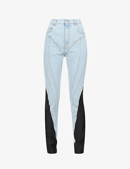 MUGLER: Pin-tucked panels high-rise stretch-denim jeans