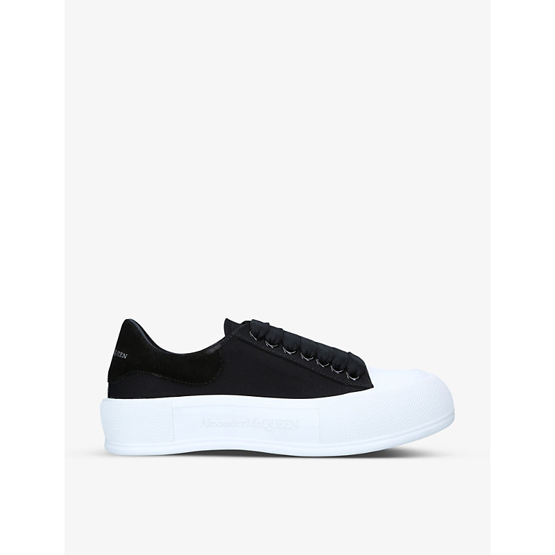 Shop Alexander Mcqueen Women's Blk/white Women's Deck Lace-up Cotton And Leather Blend Trainers