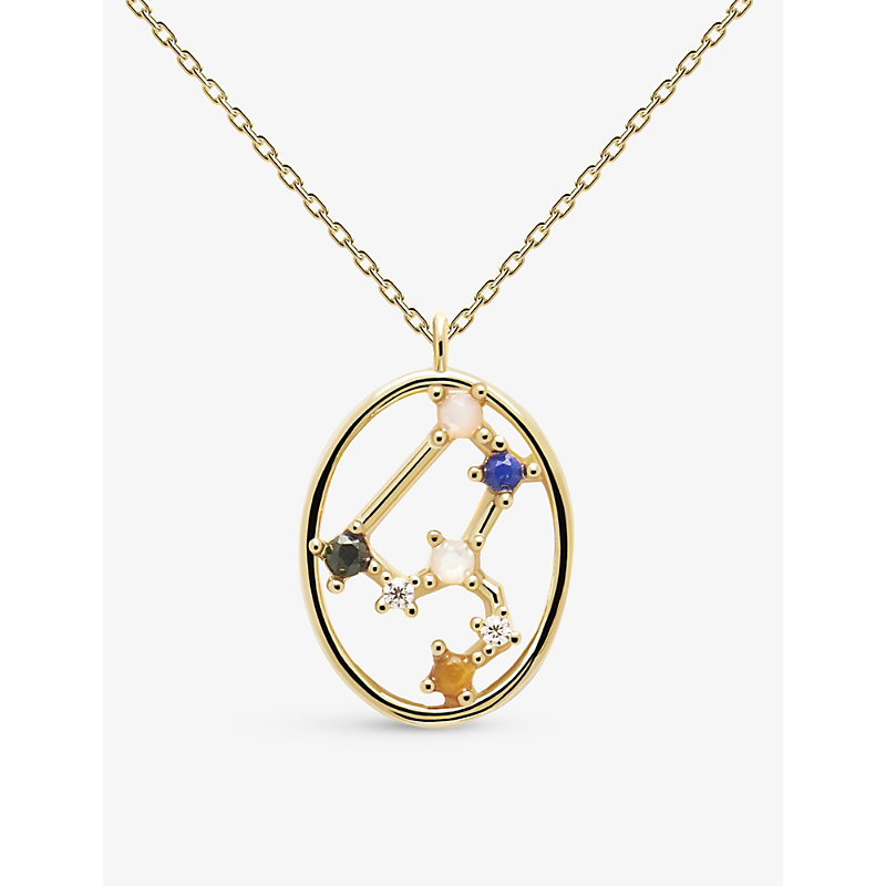 Pd Paola Womens Gold Zodiac Leo 18ct Gold-plated Sterling Silver And Gemstone Necklace In Gold/blue/pink