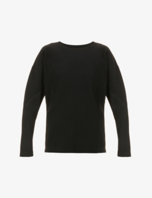 Issey Miyake Pleated Relaxed-fit Boat-neck Woven Top In Black Black White
