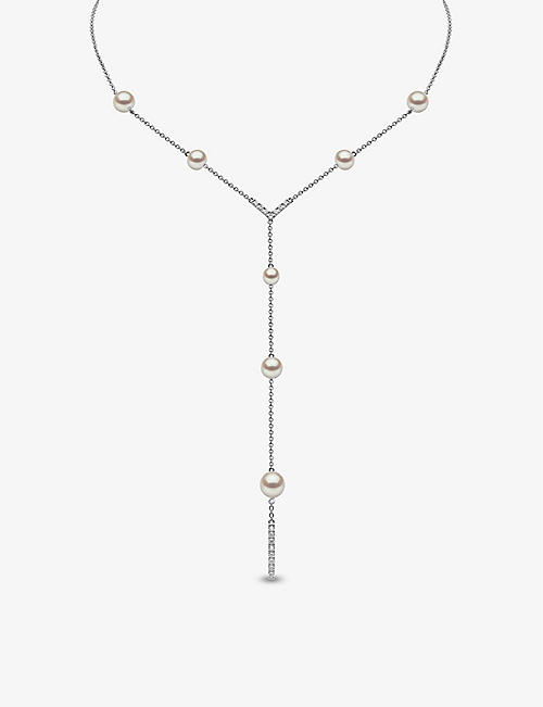 YOKO LONDON：Trend 18K 白金、淡水珍珠和 0.188 克拉明亮式切割钻石项链