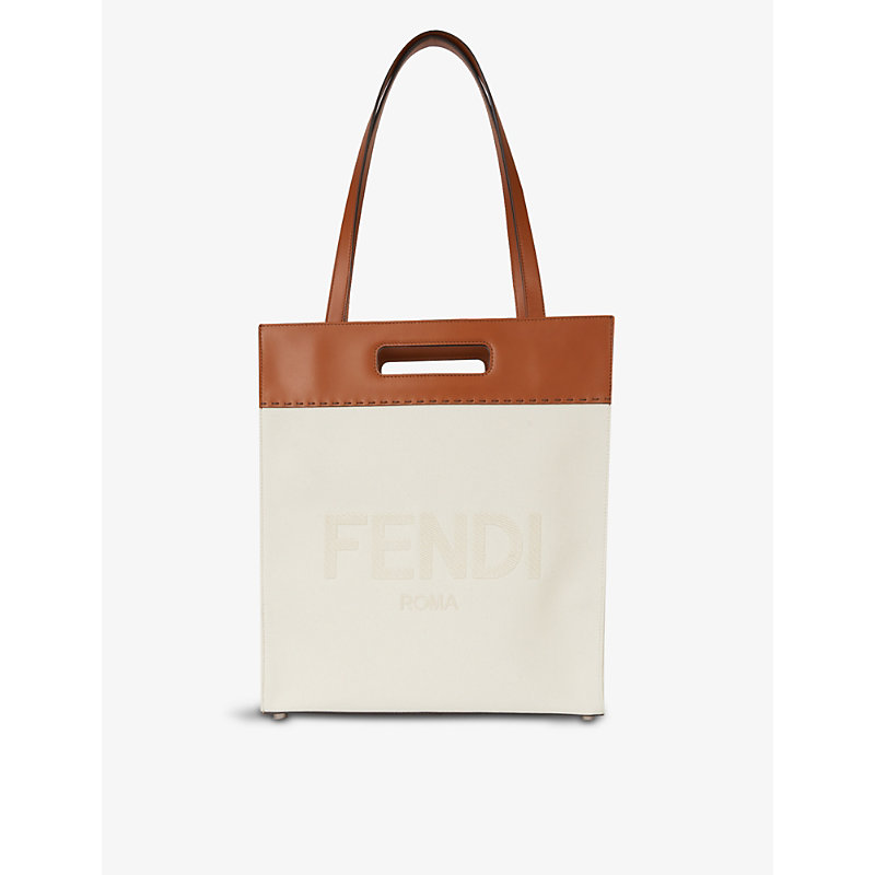 FENDI ROMA BRAND-EMBROIDERED COTTON-BLEND CANVAS AND LEATHER TOTE BAG,R03742364