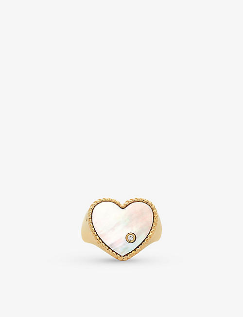 YVONNE LEON: Chevaliere Coeur 9ct yellow-gold, 0.02ct diamond and 2.5ct mother of pearl signet ring