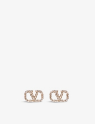 V Logo Crystal Stud Earrings in Gold - Valentino