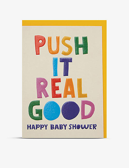 RASPBERRY BLOSSOM: Push It Real Good baby shower greeting card 17cm x 12.5cm