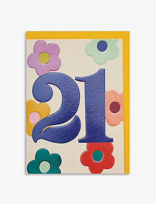 RASPBERRY BLOSSOM: Floral-print 21st Birthday greetings card 17.2cm x 12.5cm