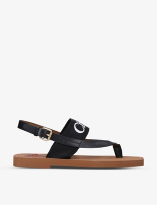 CHLOE Woody logo print leather and canvas sandals Selfridges